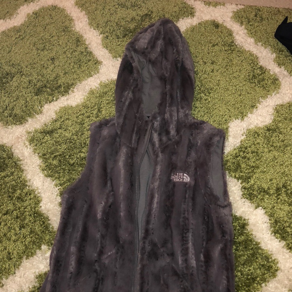 Gray/purple North Face furry hooded vest size S